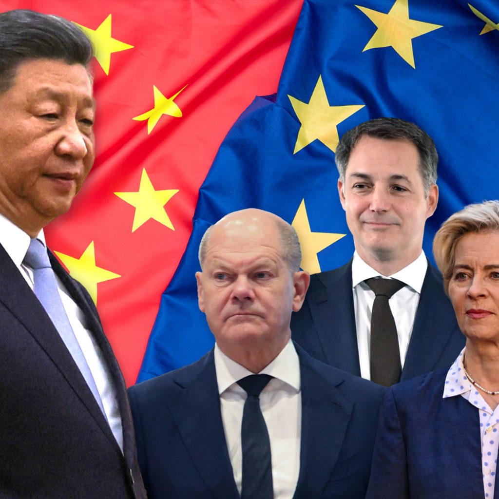 Drapeaux de l'Union Européenne et de la Chine, symbolisant la dynamique complexe et les enjeux économiques entre les deux entités.