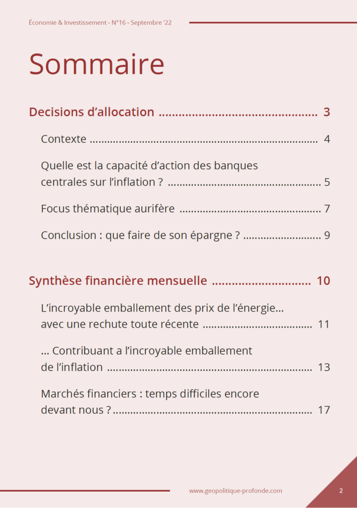 Allocation et synthèse financière du septembre 2022