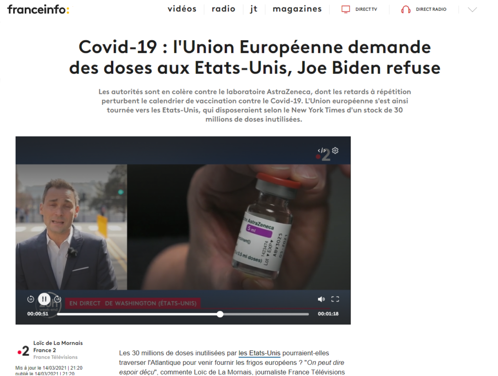 Covid-19 : l'Union Européenne demande des doses aux Etats-Unis, Joe Biden refuse