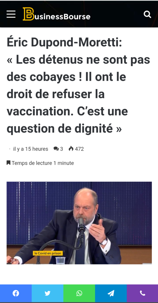 Pour Dupond-Moretti les detenus ne sont pas des cobayes