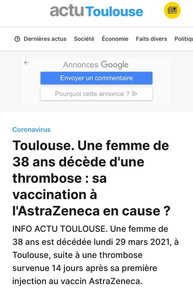 Des décès de thromboses à cause du vaccin AstraZeneca