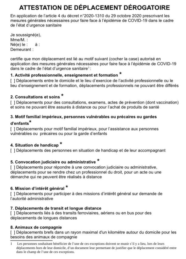 Attestation de sortie française
